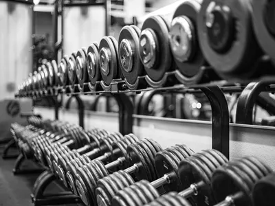 Rows of dumbbells on a rack