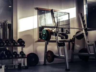 Squat rack with a barbell and weight plates