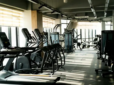 Row of cardio machines by the windows